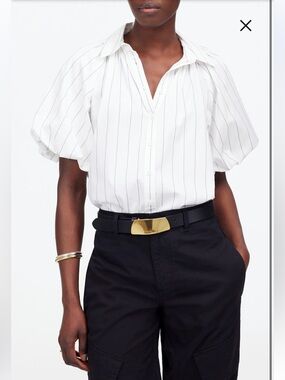 Madewell Shirred Bubble-Sleeve Button Up shirt - white with navy blue pinstripes